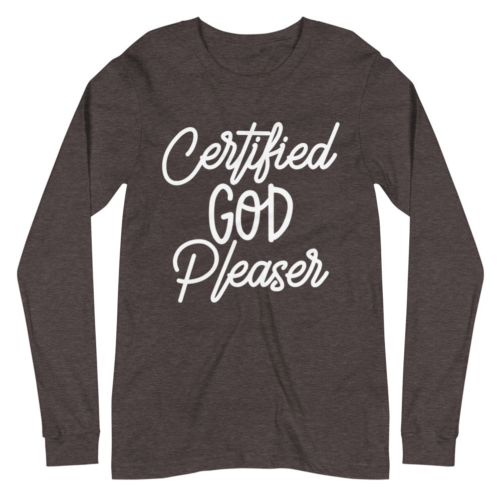 Certified God Pleaser Long Sleeve Tee - Jean Marie's Faith Apparel 